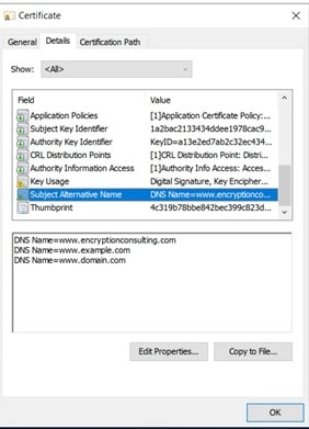 Certificate Subject Alternative Name details