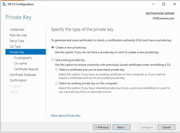 AD CS - Specify the type of private key