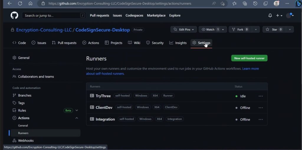 Github settings Runners