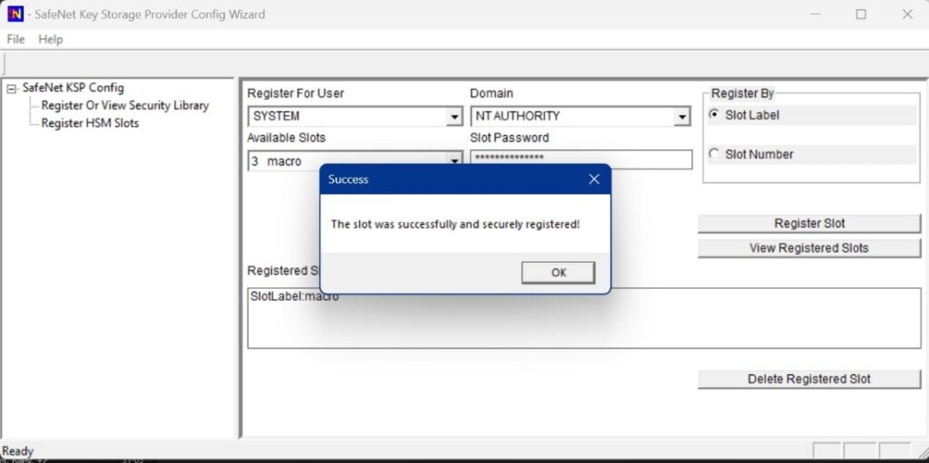 Successful HSM Registration of System User
