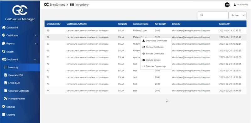 CertSecure Inventory UI View