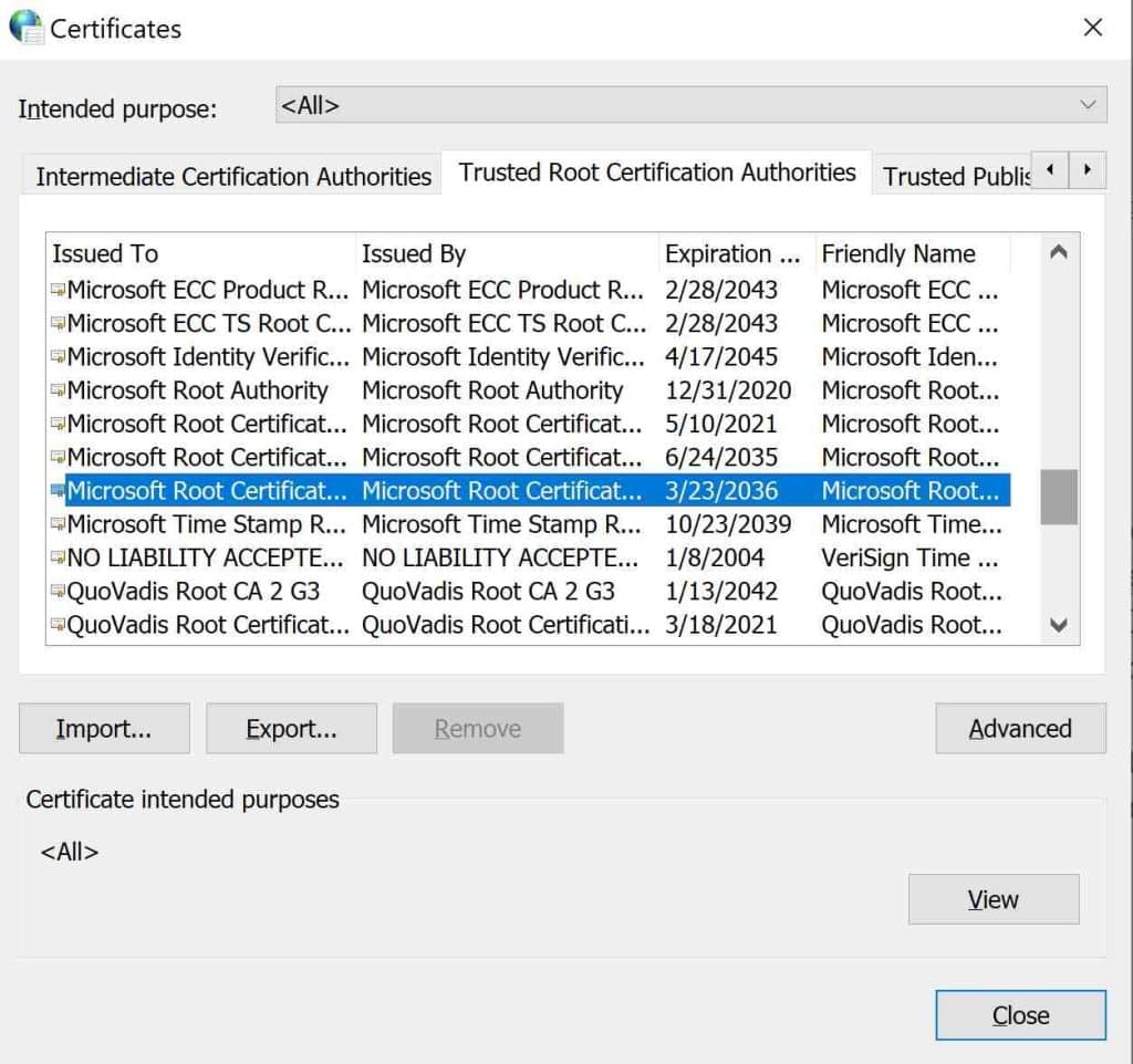 Trusted Root Certificates